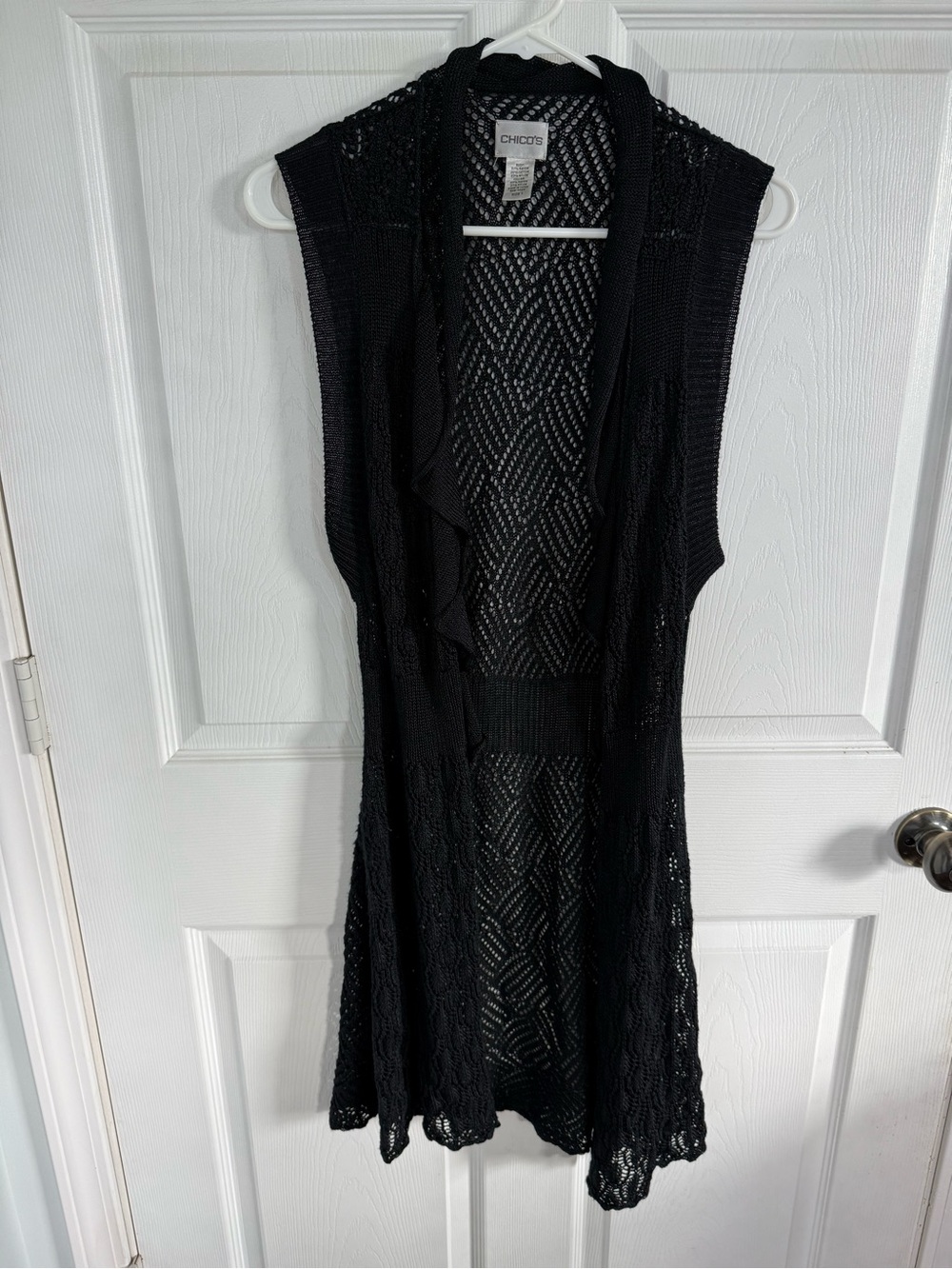 Chico’s Large Black Crochet Duster Vest Whimsigoth Y2K Boho Layering Grunge